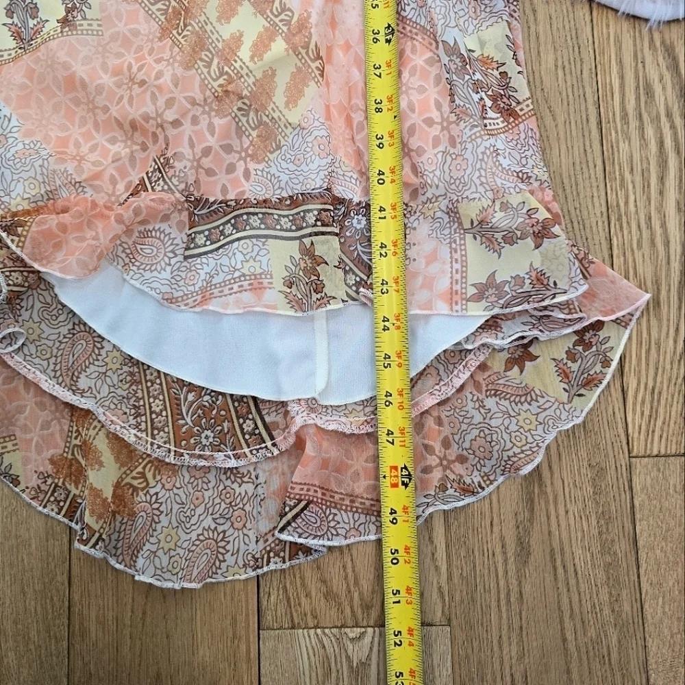 Vintage Y2k Paisley Chiffon Midi Dress size 8 Pastel Orange Cream Pink